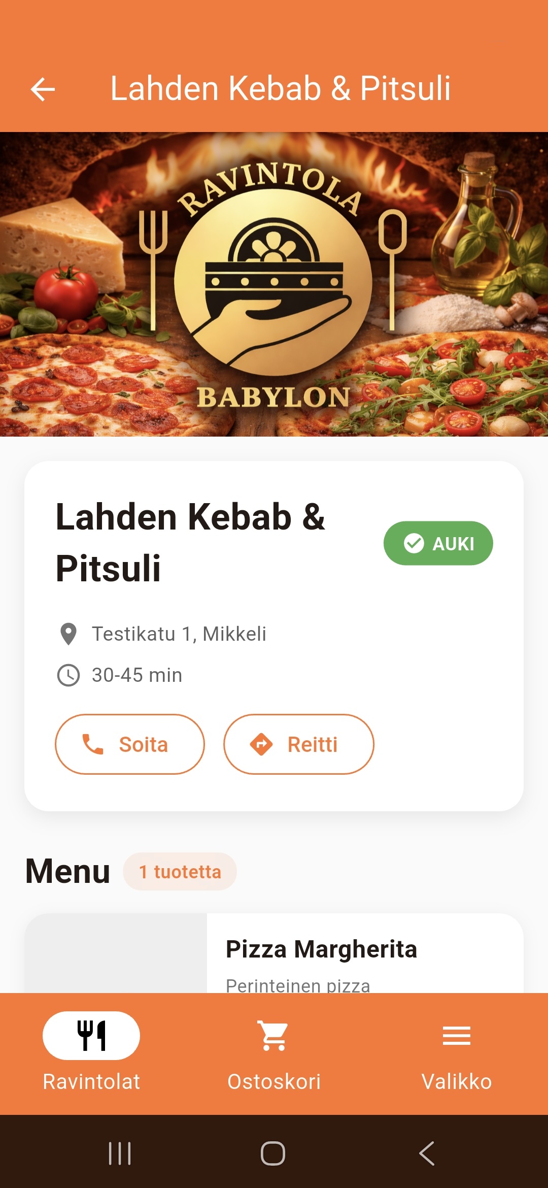 Safka-ravintolan näkymä ja menu